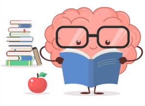 Cerveau humanoïde qui lit un livre devant une pile de livres et une pomme